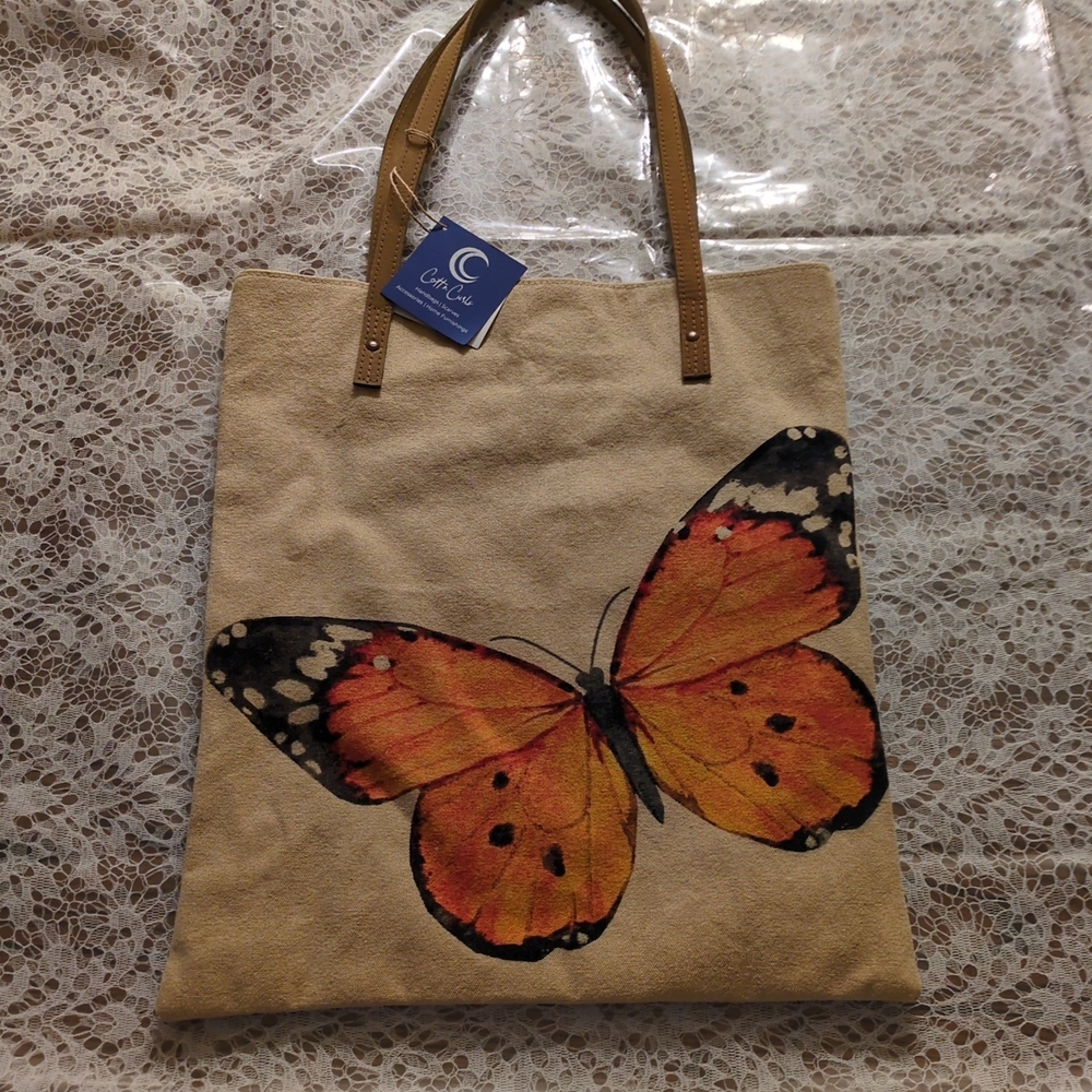 Canvas Butterfly Tote Bag - Tan